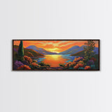 Mountain Sunset Lake, Bold Nature Landscape, Vibrant Water Reflection, Framed Canvas Print, Rustic Living Room or Cabin Wall Art
