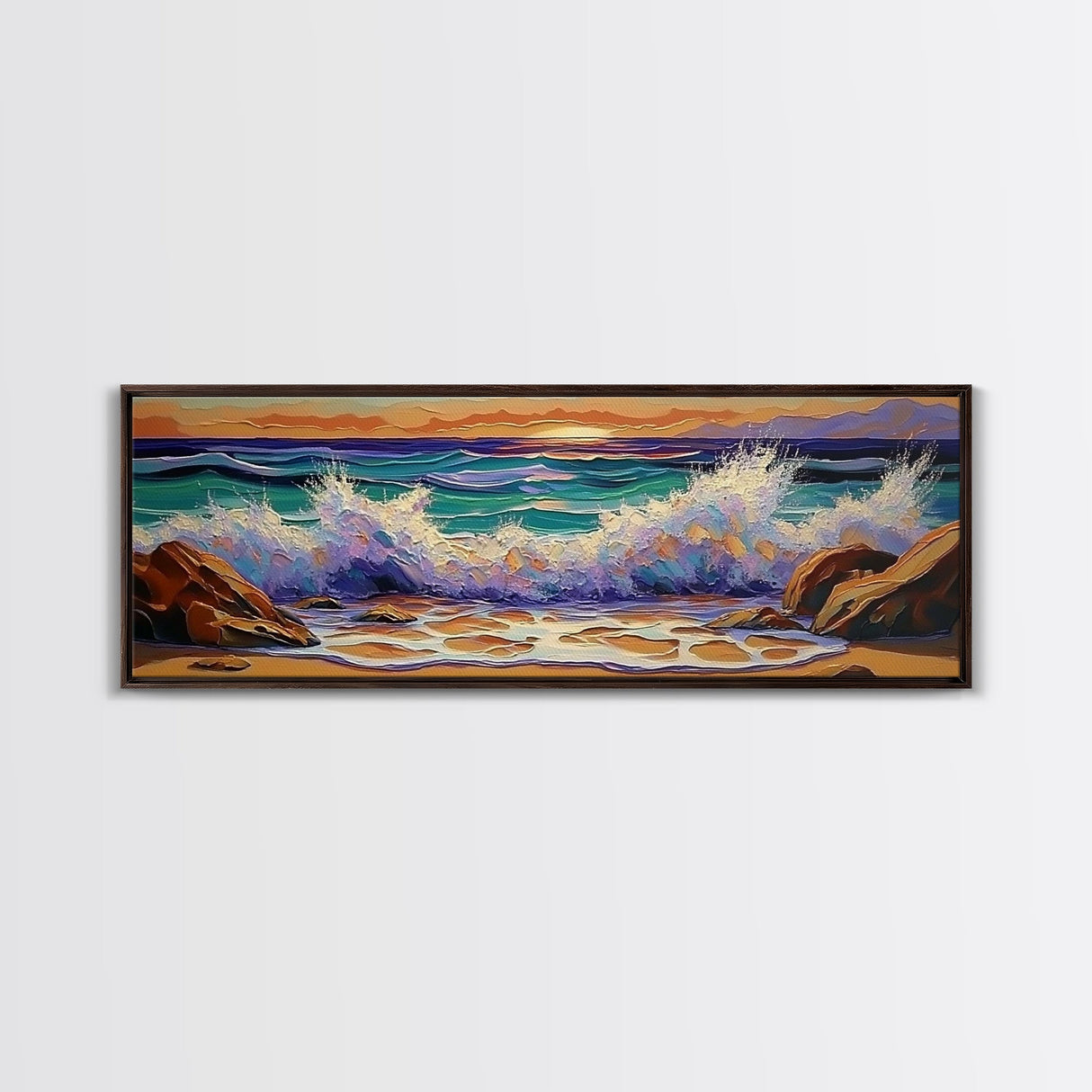 Crashing Waves Sunset, Seaside Landscape Art, Modern Beach Wall Decor, Living Room Accent, Framed Canvas Print, Coastal Vibes