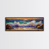 Crashing Waves Sunset, Seaside Landscape Art, Modern Beach Wall Decor, Living Room Accent, Framed Canvas Print, Coastal Vibes