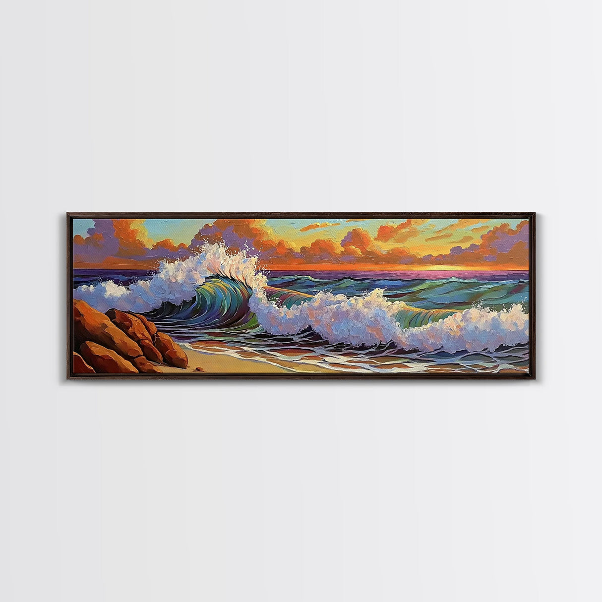 Vibrant Wave Break, Sunset Beach Art, Ocean Surf Decor, Modern Seascape Accent, Living Room Wall, Framed Canvas Print