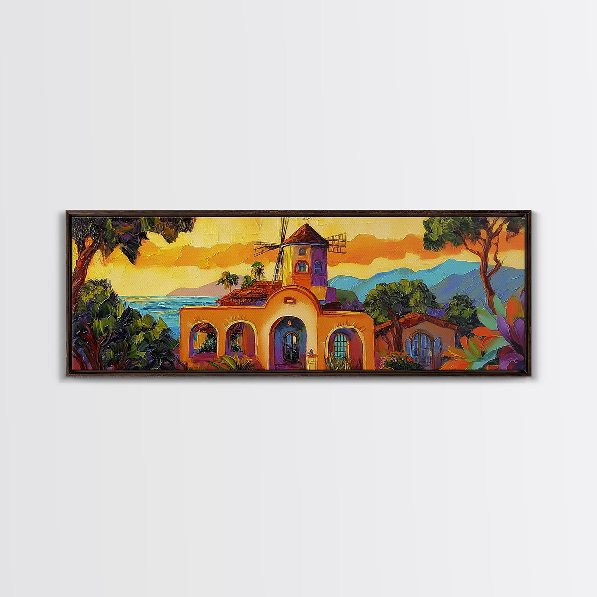 Sunset Windmill, Coastal Hills Art, Tropical Landscape Decor, Warm Color Wall Art, Living Room Accent, Framed Canvas Print
