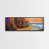 Coastal Villa, Ocean View, Sunset Beach, Canvas Print, Mediterranean house art, colorful seaside decor, boho kitchen art