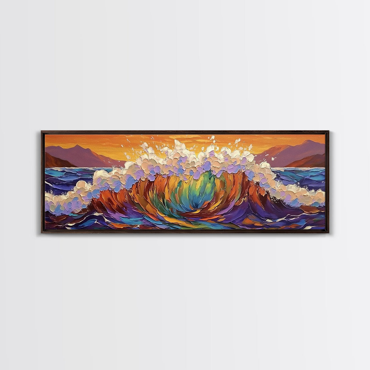 Rainbow Wave Splash, Ocean Energy Art, Vibrant Seascape, Framed Canvas Print, Coastal Living Room Decor, Surf Beach Wall Art, Boho Style