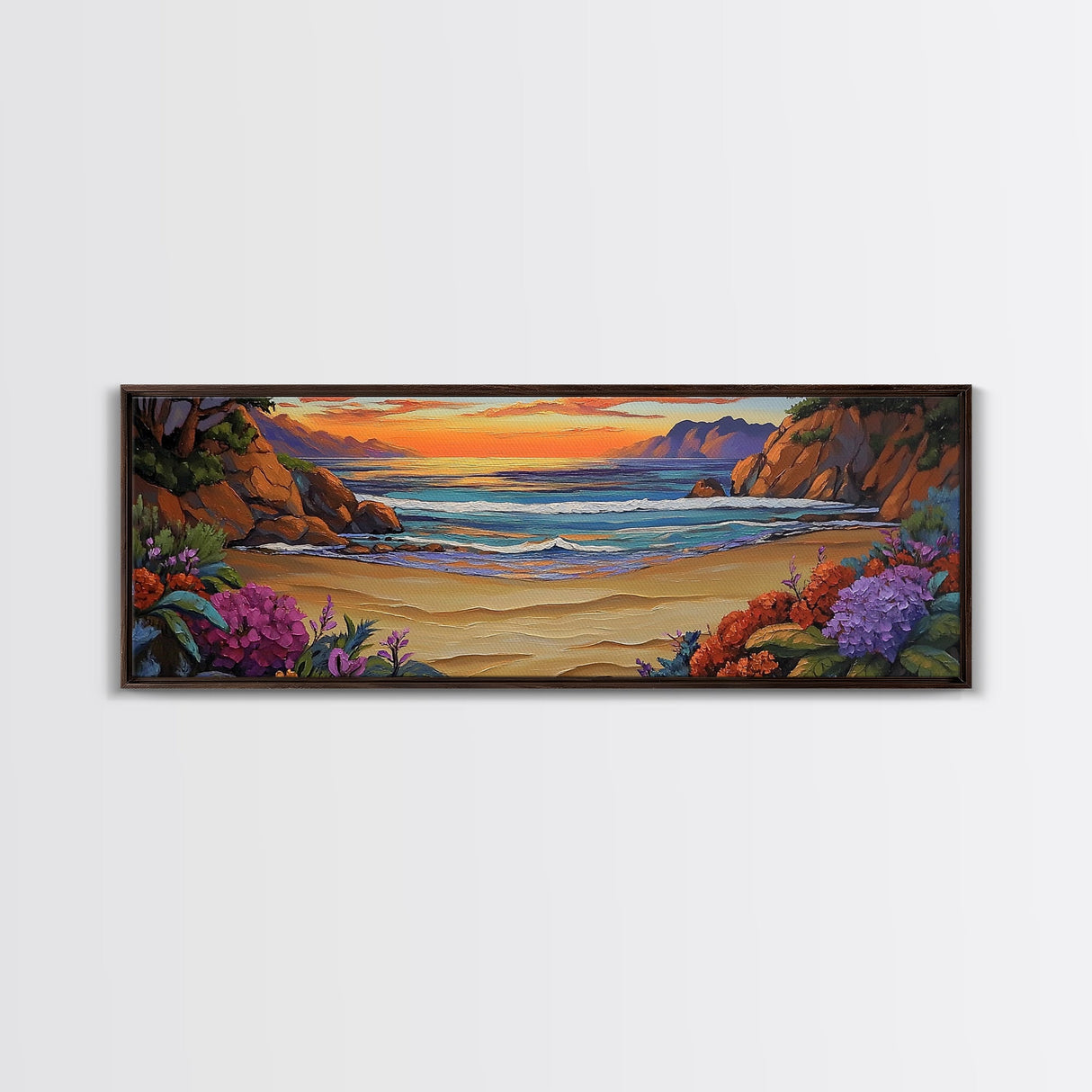 Tranquil Beach Sunset, Colorful Coastal Scene, Ocean Cliff View, Floral Accents, Framed Canvas Print, Dining Room art,  Office Art