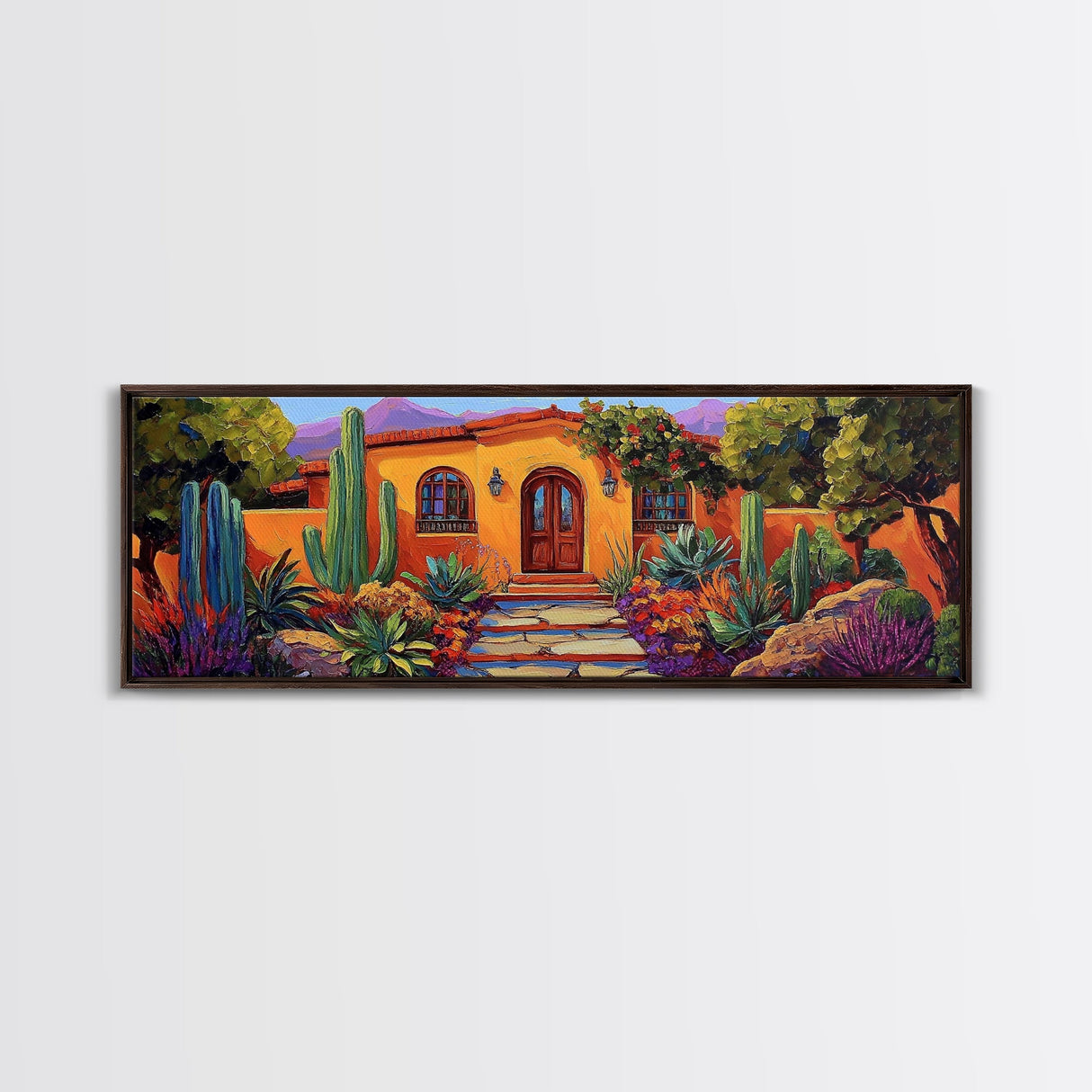 Southwest Garden Entrance, Cactus Desert Home, Rustic Charm, Framed Canvas Print, Living Room Wall Art, Vibrant Adobe Artwork
