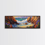Rocky Shore Break, Ocean Cliff Scene, Seaside Escape, Framed Canvas Print, Coastal Bathroom Wall Art, Nautical Beach Decor