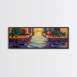 Sunset Canal Garden, Water Reflections, Warm Floral Courtyard, Framed Canvas Print, Kitchen Wall Art, Romantic Boho Artwork