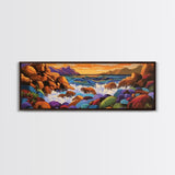 Rocky Coastline, Sunset Splash, Rainbow Stones, Framed Canvas Print, Bathroom Wall Art, Modern Seaside Art, Bold Landscape Vibes