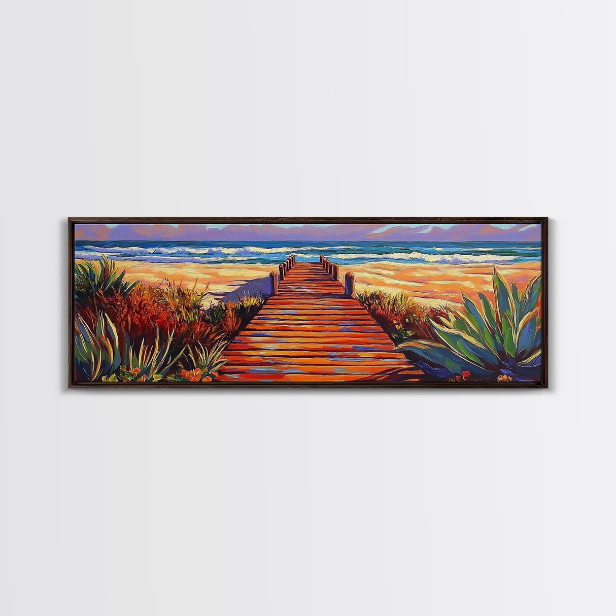 Seaside Path Art, Beach Boardwalk Print, Coastal Nature Scene, Tropical Living Room Wall Decor, Boho Style Framed Canvas Print