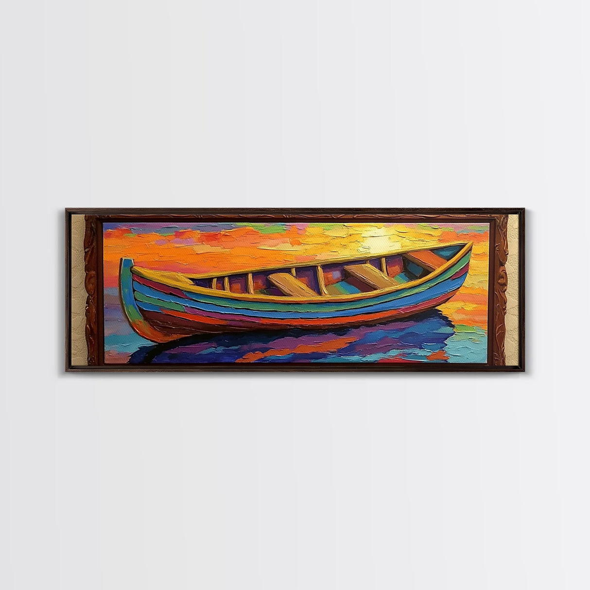 Colorful Boat, Sunset Reflection, Vibrant Seascape, Canvas Print, Nautical Living Room Wall Art, Coastal Decor, Bold Modern Art
