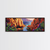 Cactus Cove View, Mountain Sunset, Desert Oasis, Framed Canvas Print, Boho Living Room Wall Art, Nature Inspired Art, Colorful Decor
