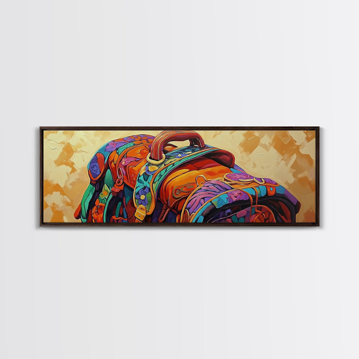 Leather Saddle, Western Gear, Bold Colors, Framed Canvas Print, Cowboy Rustic Wall Art, Boho Entryway Decor, Southwestern Farmhouse Style