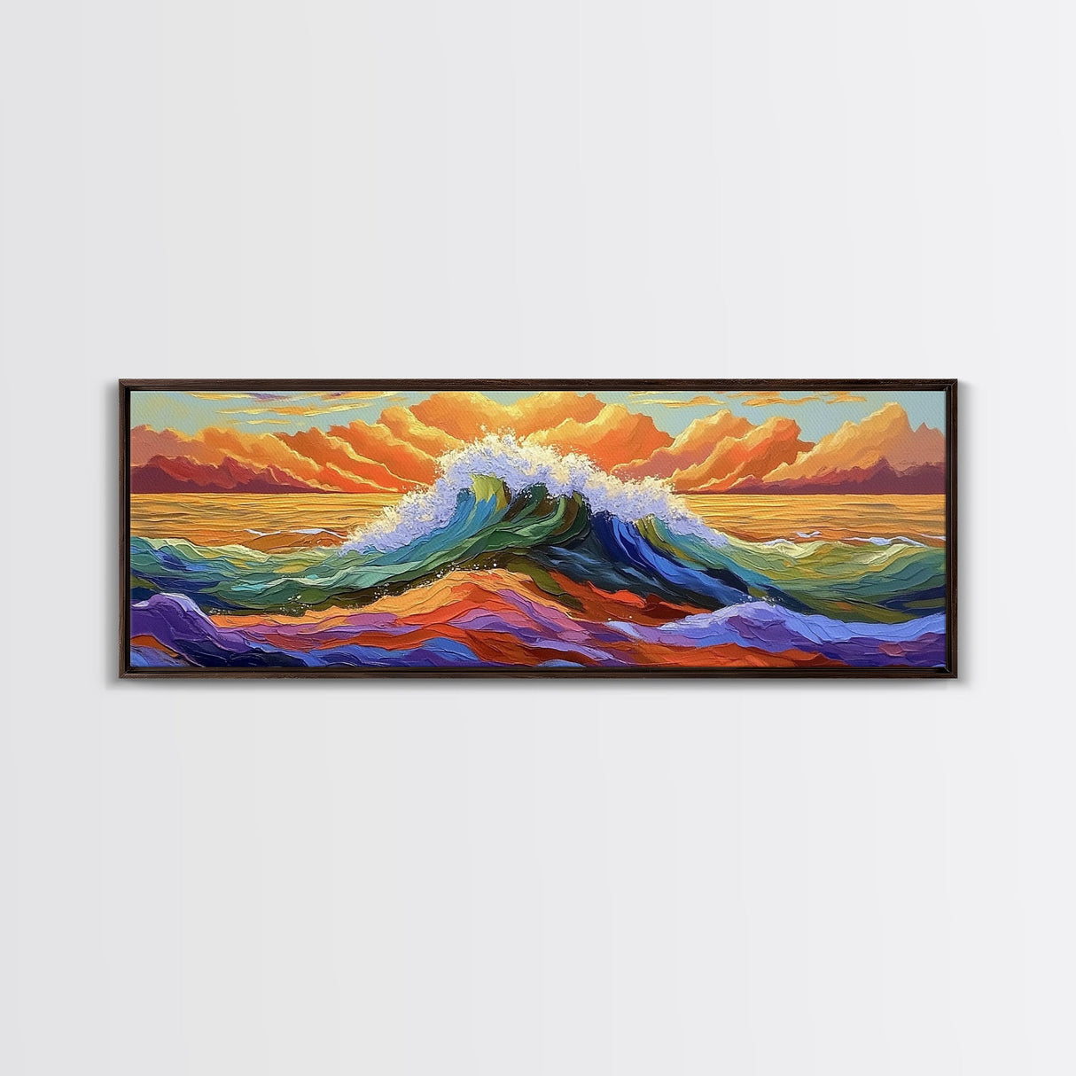 Vibrant Ocean Wave, Coastal Wall Art, Bold Sunset Seascape, Framed Canvas Print, Colorful Beach Decor, Nautical Bathroom Art