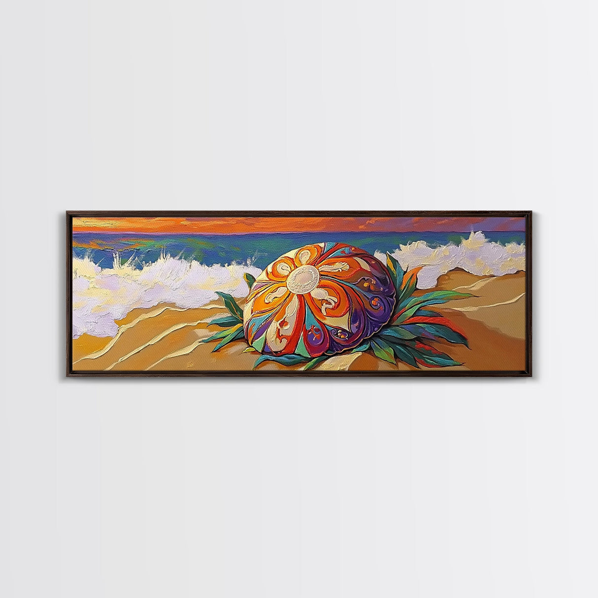 Sea Shell Flower, Ocean Breeze, Sunset Shoreline, Whimsical Beach Framed Canvas Print, Bathroom Wall Art, Tropical Coastal Art