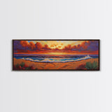 Sunset Coastline, Dramatic Sky, Evening Surf, Autumn Horizon Framed Canvas Print, Dining Room Wall Art, Moody Coastal Art