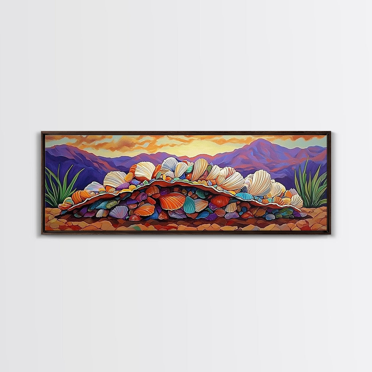 Colorful Shell Art, Coastal Mountain Decor, Ocean Nature Vibes, Beach Shell Wall, Framed Canvas Print, Living Room Coastal Boho Art