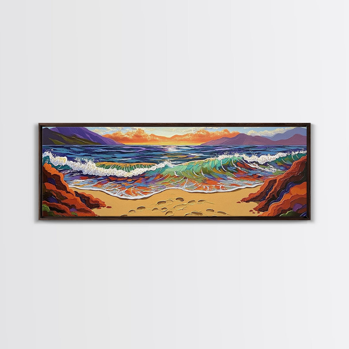 Sunset Shore View, Vibrant Ocean Wave, Footprints in Sand, Coastal Seascape Art, Framed Canvas Print, Beach House Wall Decor