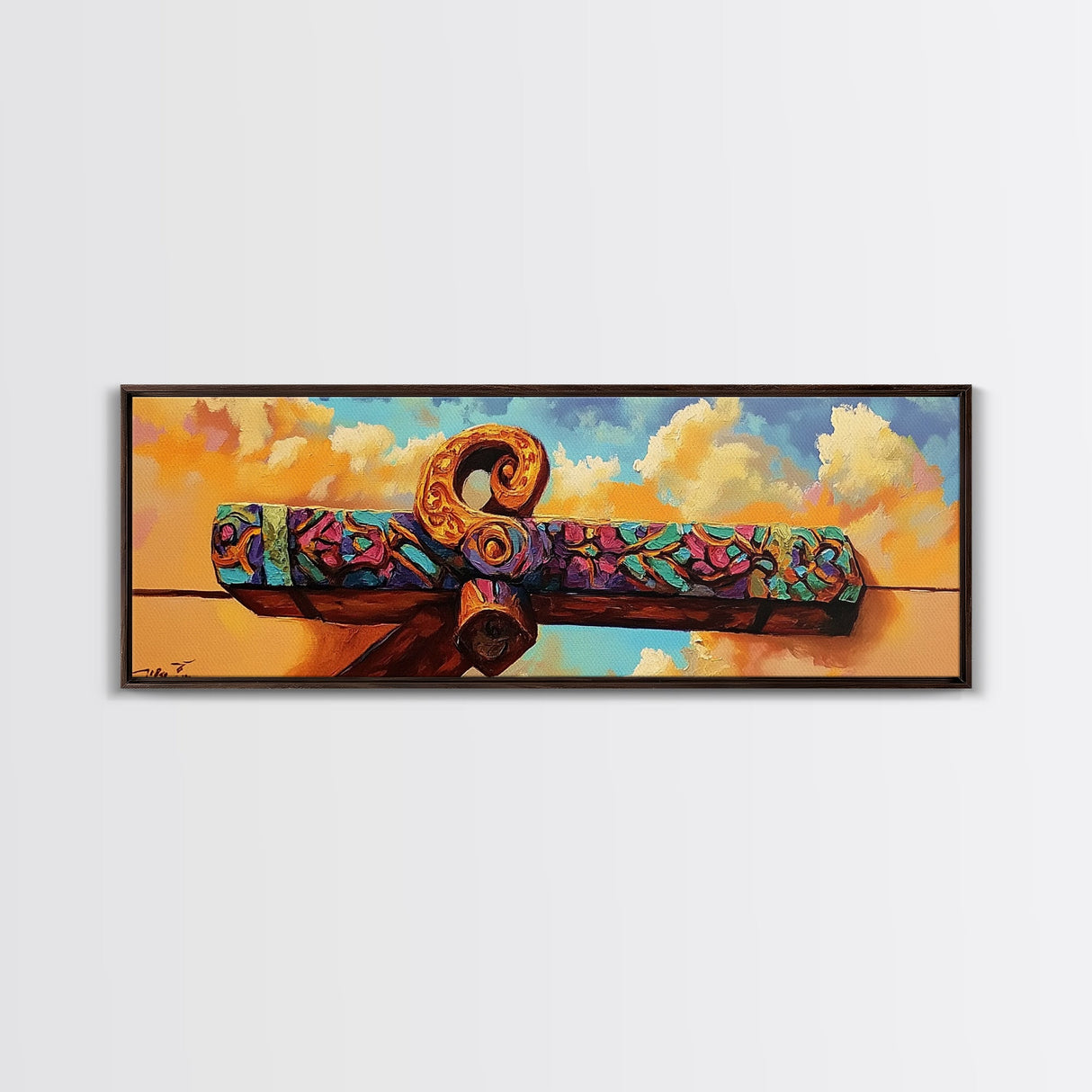 Folk Carved Beam, Southwest Wood Detail, Rustic Architecture Art, Colorful Entryway Style, Framed Canvas Print, Warm Wall Decor