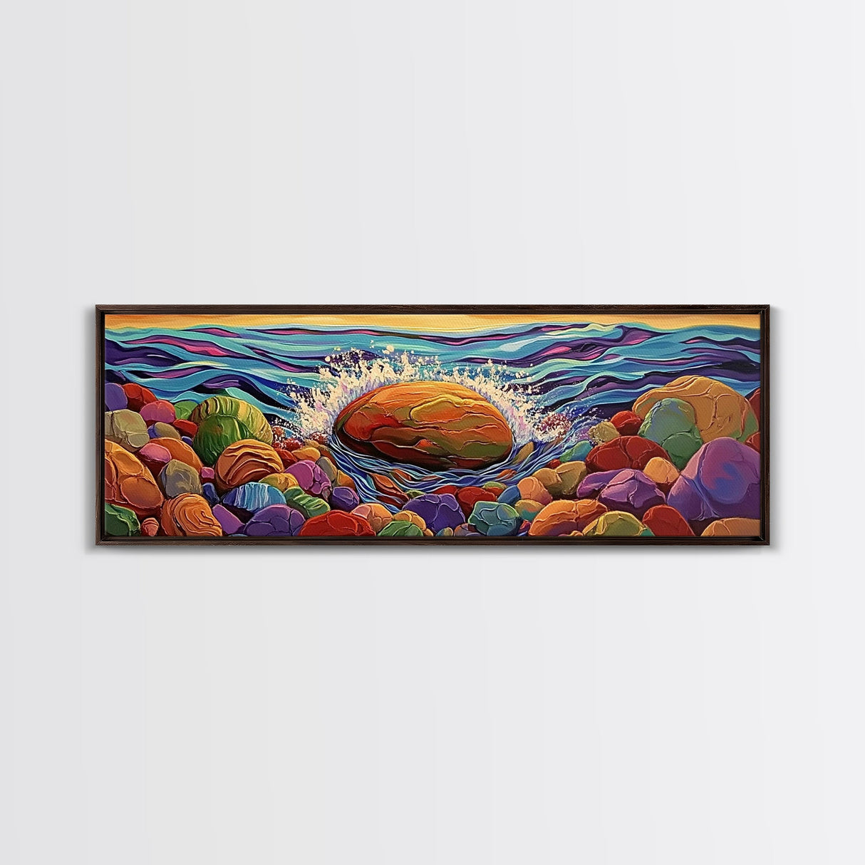 Ocean Splash, Bold Rocks, Sunset Colors, Canvas Print, Vibrant Coastal Art, Abstract Seaside Decor, Living Room Wall Art, Boho Vibes
