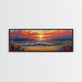 Sunset Shoreline Glow, Coastal Floral Painting, Serene Nature Art, Canvas Print, Boho Beach Decor, Living Room or Bedroom Wall Art