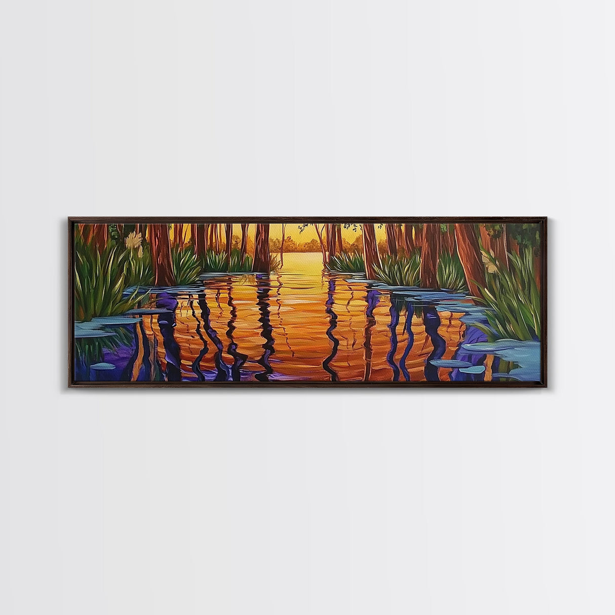 Sunset Reflection, Tranquil Forest, Swamp Scene, Cypress Trees, Framed Canvas Print, Autumn Wall Art, Rustic Decor, Nature Art