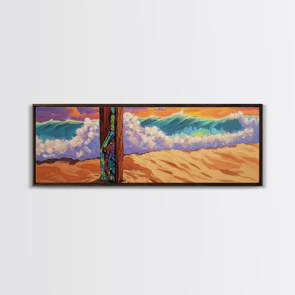 Painted Post, Colorful Shore, Ocean Wave, Surf Vibes, Framed Canvas Print, Beach Bedroom Wall Art, Tropical Seaside Expressionism