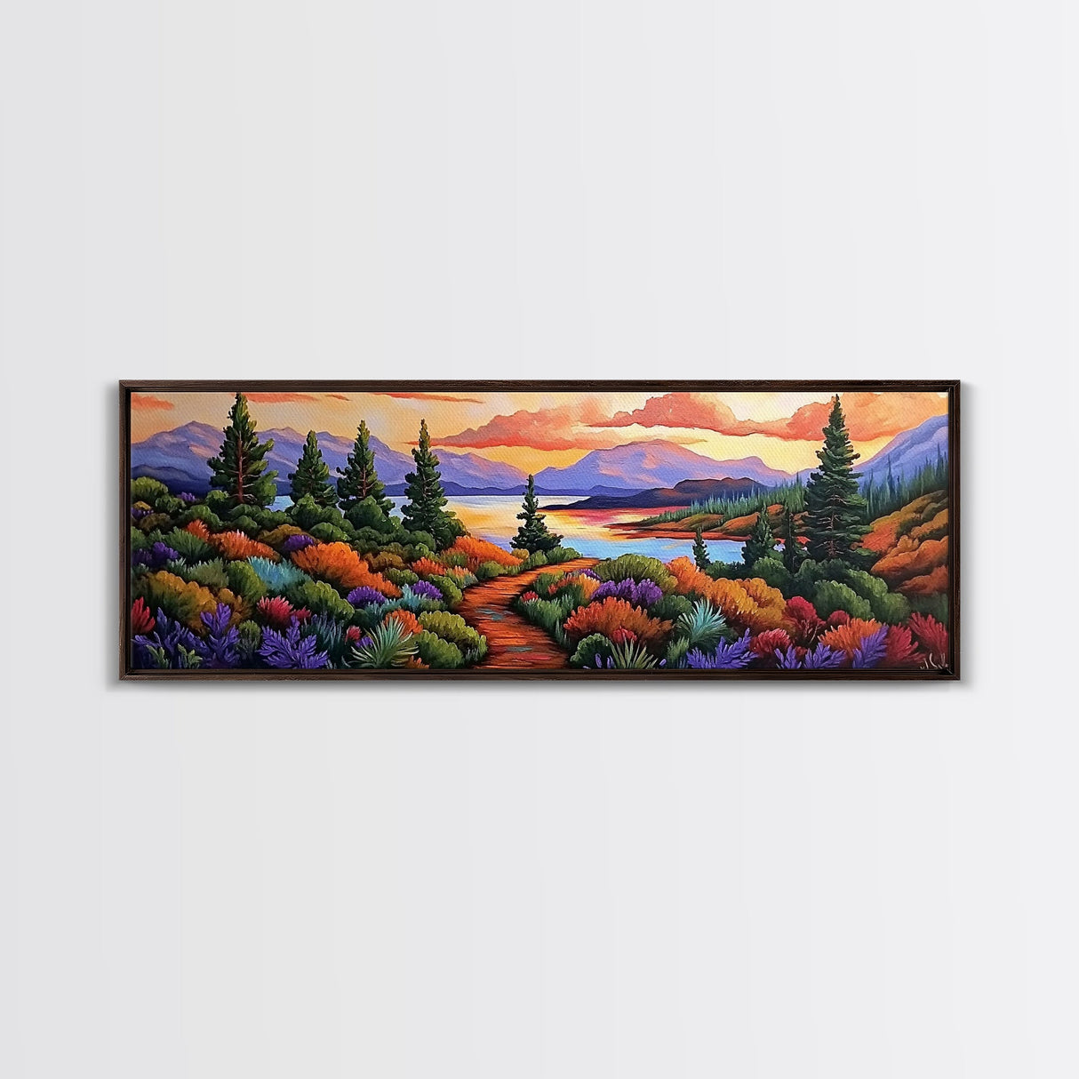 Autumn Mountain Trail, Sunset Path, Nature Landscape, Framed Canvas Print, Cabin Decor, Fall Colors, Living Room Wall Art, Rustic Art