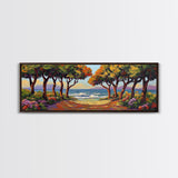 Coastal Trees, Ocean View, Beach Path, Vibrant Foliage, Framed Canvas Print, beach house decor, nature wall art, coastal living room style