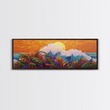 Sunset Wave, Colorful Spray, Ocean Burst, Warm Tones, Framed Canvas Print, surf-inspired bedroom art, coastal decor, tropical fall wall piece