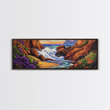 Rocky Shore, Ocean Splash, Sunset Cove, Botanical Scene, Framed Canvas Print, vibrant coastal wall art, beach bathroom decor, ocean vibe