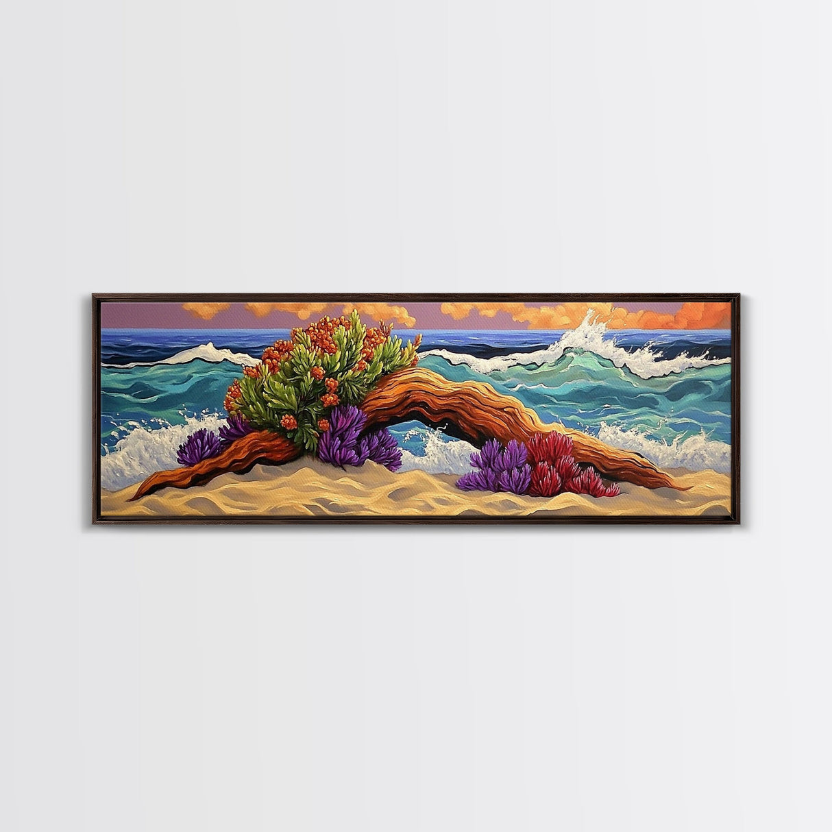 Driftwood Coast, Colorful Ocean, Beach Nature, Framed Canvas Print, Coastal Wall Art, Tropical Living Room Decor, Surreal Seascape Art