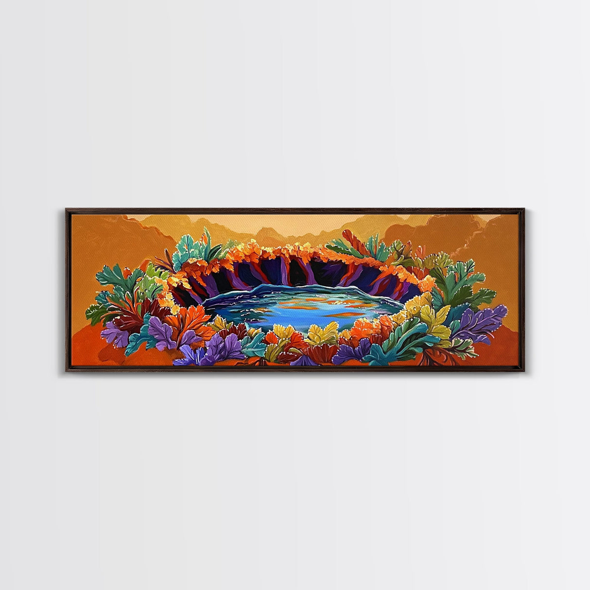 Autumn Oasis, Colorful Pond, Nature Fantasy, Framed Canvas Print, Fall Wall Art, Botanical Bedroom Decor, Vibrant Landscape Painting