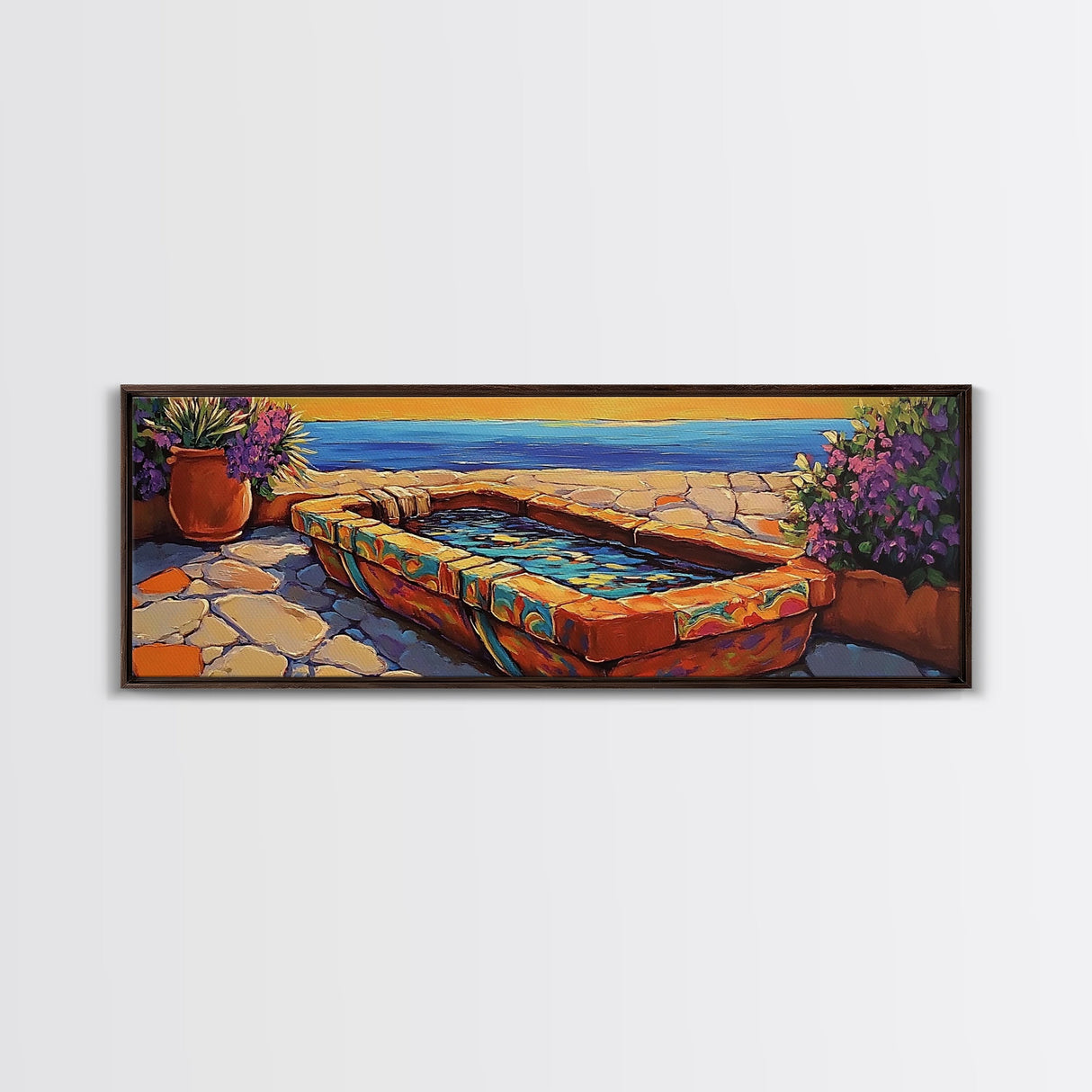 Sunset Garden View, Mediterranean Patio, Vibrant Colors, Coastal Escape, Framed Canvas Print, Bathroom Wall Art, Colorful Outdoor Art