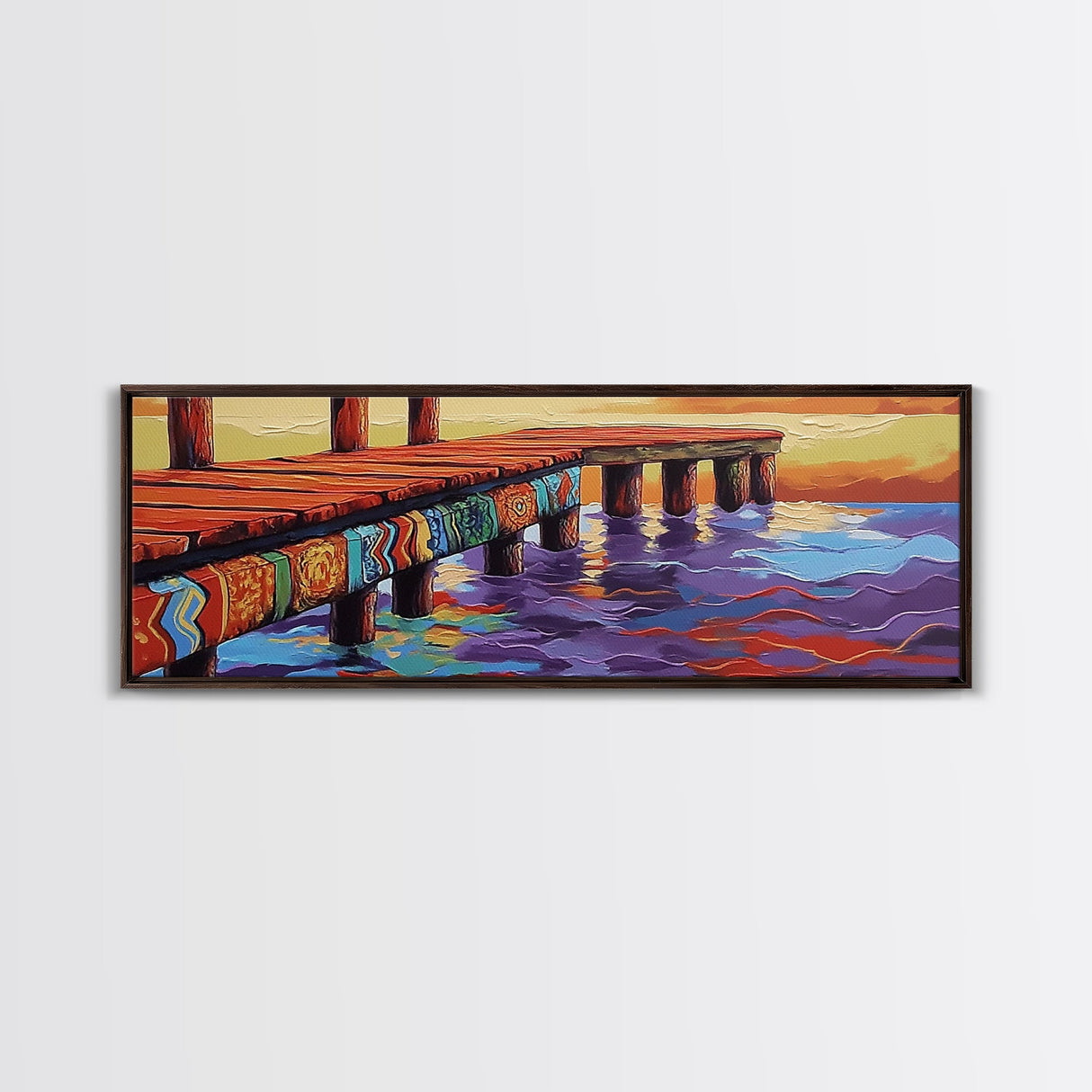Vibrant Dock Sunset, Painted Pier, Ocean Reflections, Warm Horizon, Framed Canvas Print, Beach House Wall Art, Nautical Scene