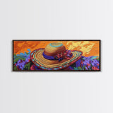 Sun Hat Painting, Floral Accent, Bold Texture, Summer Vibes, Framed Canvas Print, Boho Wall Art, Bedroom or Dressing Room Decor