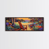 Peaceful Beach Chair, Vibrant Sunset Retreat, Tropical Escape Wall Art, Framed Canvas Print, Vacation Home Decor, Boho Island Artwork