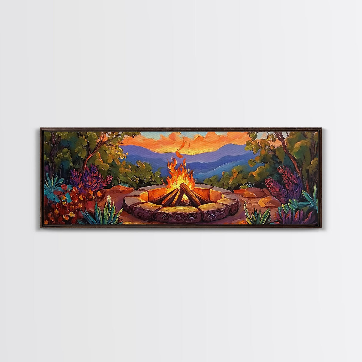 Mountain Campfire Glow, Forest Bonfire Scene, Sunset Wilderness Art, Canvas Print, Autumn Living Room Decor, Rustic Outdoor Vibe