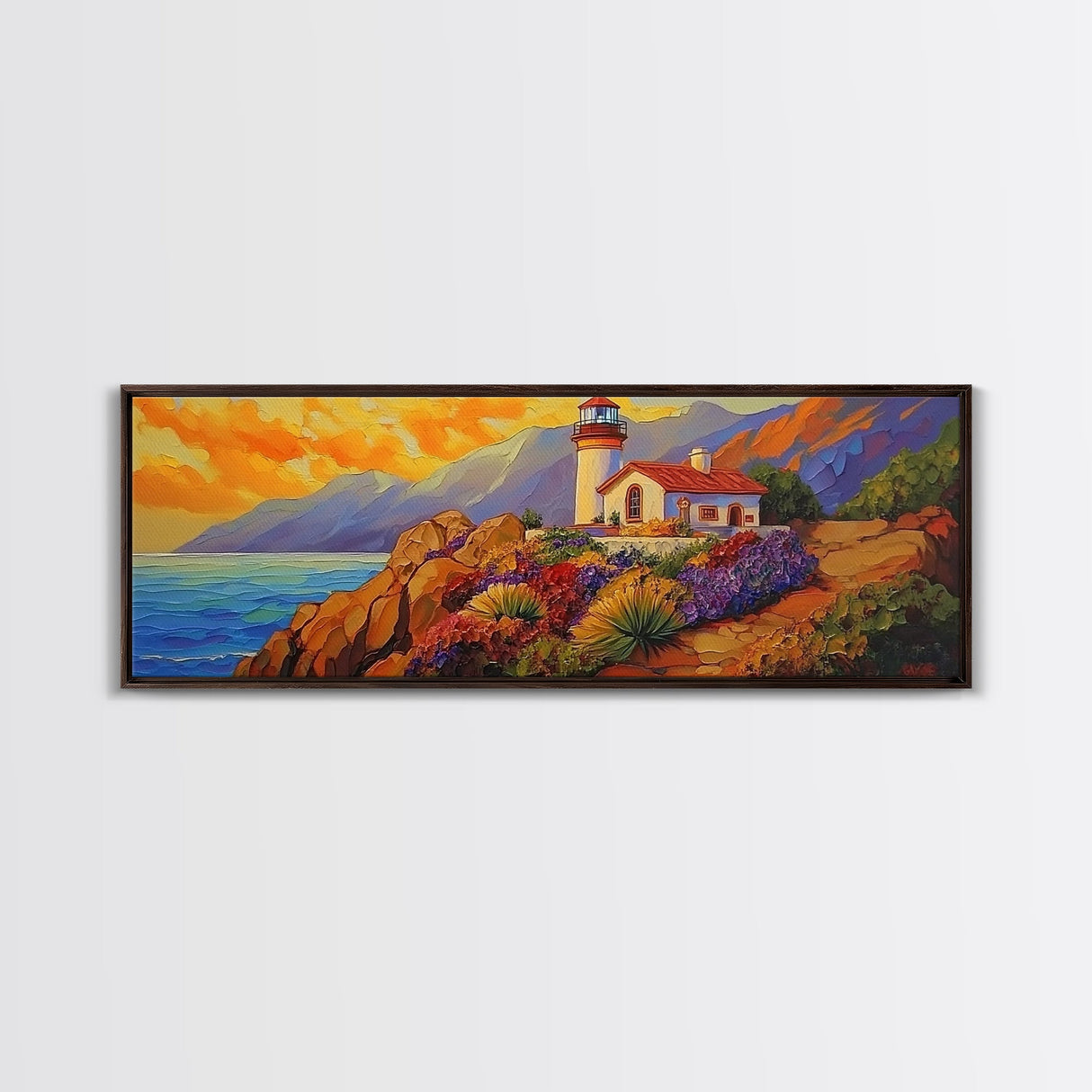 Lighthouse View, Ocean Sunset, Seaside House, Framed Canvas Print, Beach Coastal Decor, Nautical Living Room Art, Bold Color Art