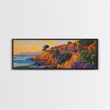 Seaside Villas, Coastal Cliff, Ocean Sunset, Framed Canvas Print, Beach House Art, Colorful Home Decor, Bold Tropical Landscape Art