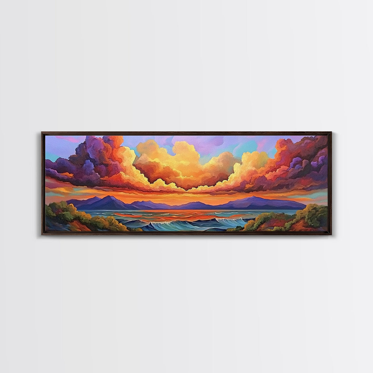 Sunset Waves, Vibrant Clouds, Mountain Sea View, Framed Canvas Print, Colorful Seascape Art, Moody Bedroom Decor, Ocean Landscape