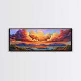 Sunset Waves, Vibrant Clouds, Mountain Sea View, Framed Canvas Print, Colorful Seascape Art, Moody Bedroom Decor, Ocean Landscape