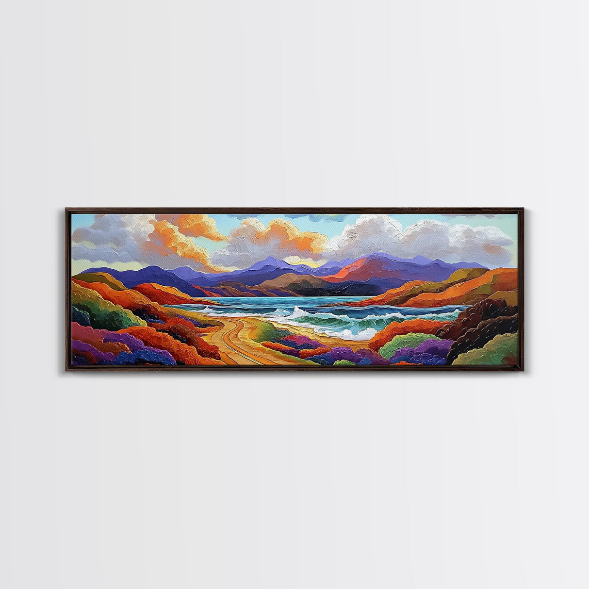 Colorful Mountains, Ocean Road, Vibrant Sunset, Framed Canvas Print, Scenic Nature Wall Art, Coastal Living Room Decor, Bold Art