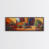 Mexican Pottery, Rustic Charm, Colorful Courtyard, Desert Plants, Framed Canvas Print, Kitchen Wall Art, Boho Decor, Spanish Style Art