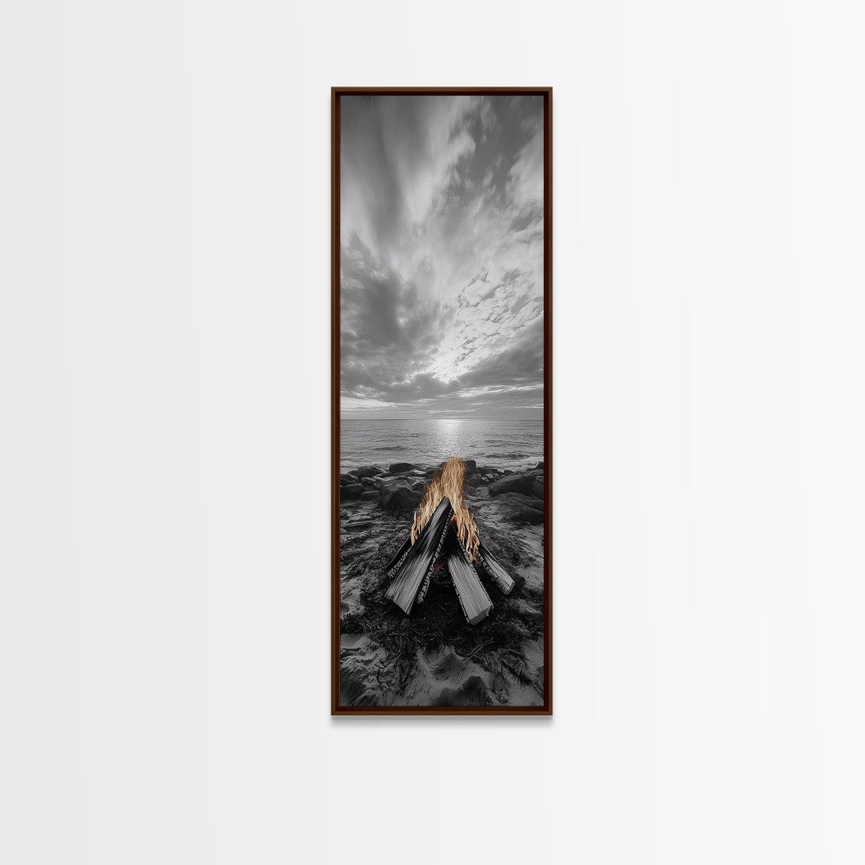 Beach Bonfire Glow, Coastal Campfire Art, Sunset Ocean Scene, Framed Canvas Print, Autumn Decor, Rustic Living Room Wall Art