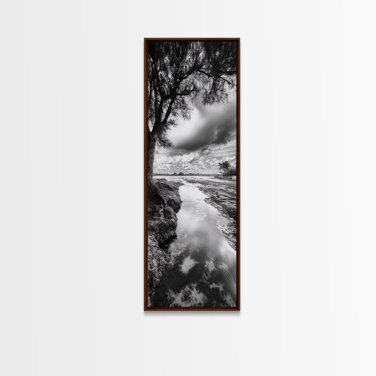River Through Trees, Tranquil Forest Stream, Reflective Nature Art, Framed Canvas Print, Zen Living Room Wall Decor, Calm Scene