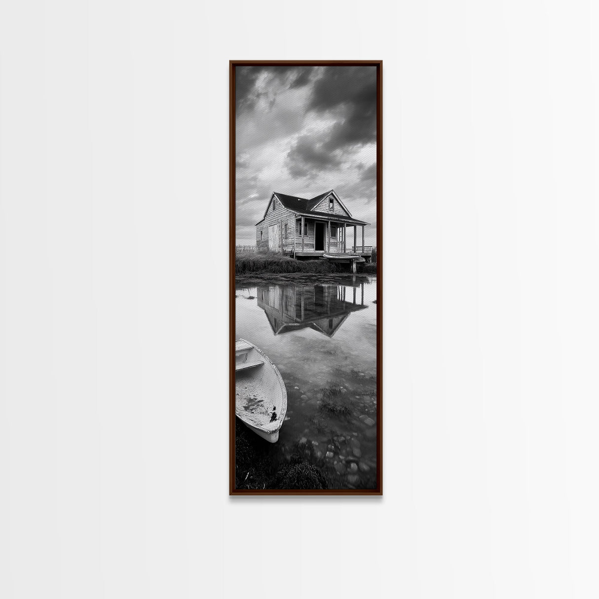 Weathered House, Abandoned Shack, Reflection Lake, Framed Canvas Print, Rustic cabin wall art, Fall entryway decor, Moody farmhouse aesthetic