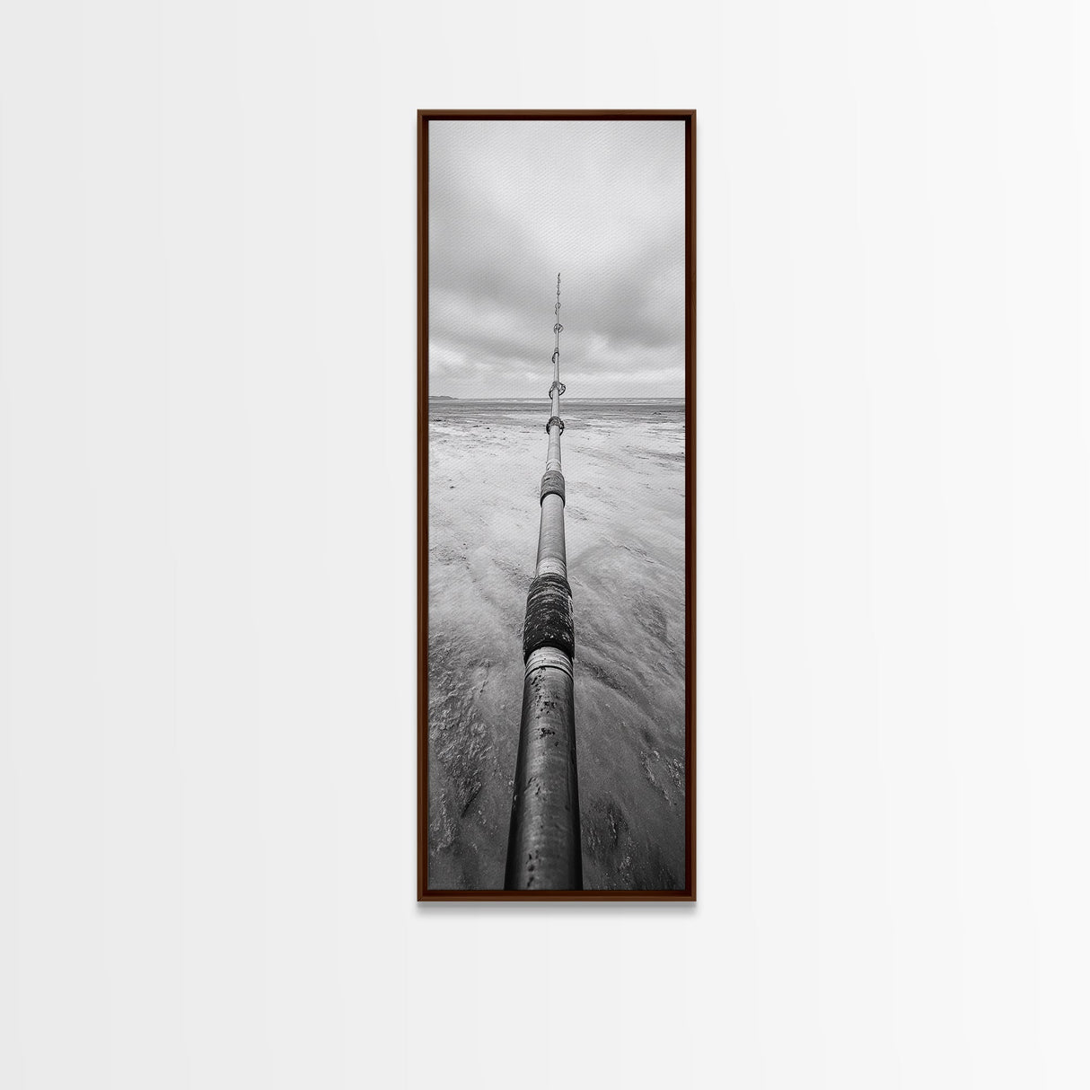 Pipeline Perspective, Industrial Seascape, Grunge Aesthetic, Framed Canvas Print, Coastal industrial art, Minimalist hallway decor, Monochrome print