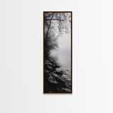 Lakeside Mist, Rocky Shoreline, Tranquil Forest, Framed Canvas Print, Peaceful woodland wall art, Fall neutral decor, Nature themed office print