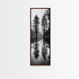 Twin Pines, Forest Reflection, Misty Lake, Black and White Nature, Framed Canvas Print, Living Room Wall Art, Nature Photography, Zen Decor