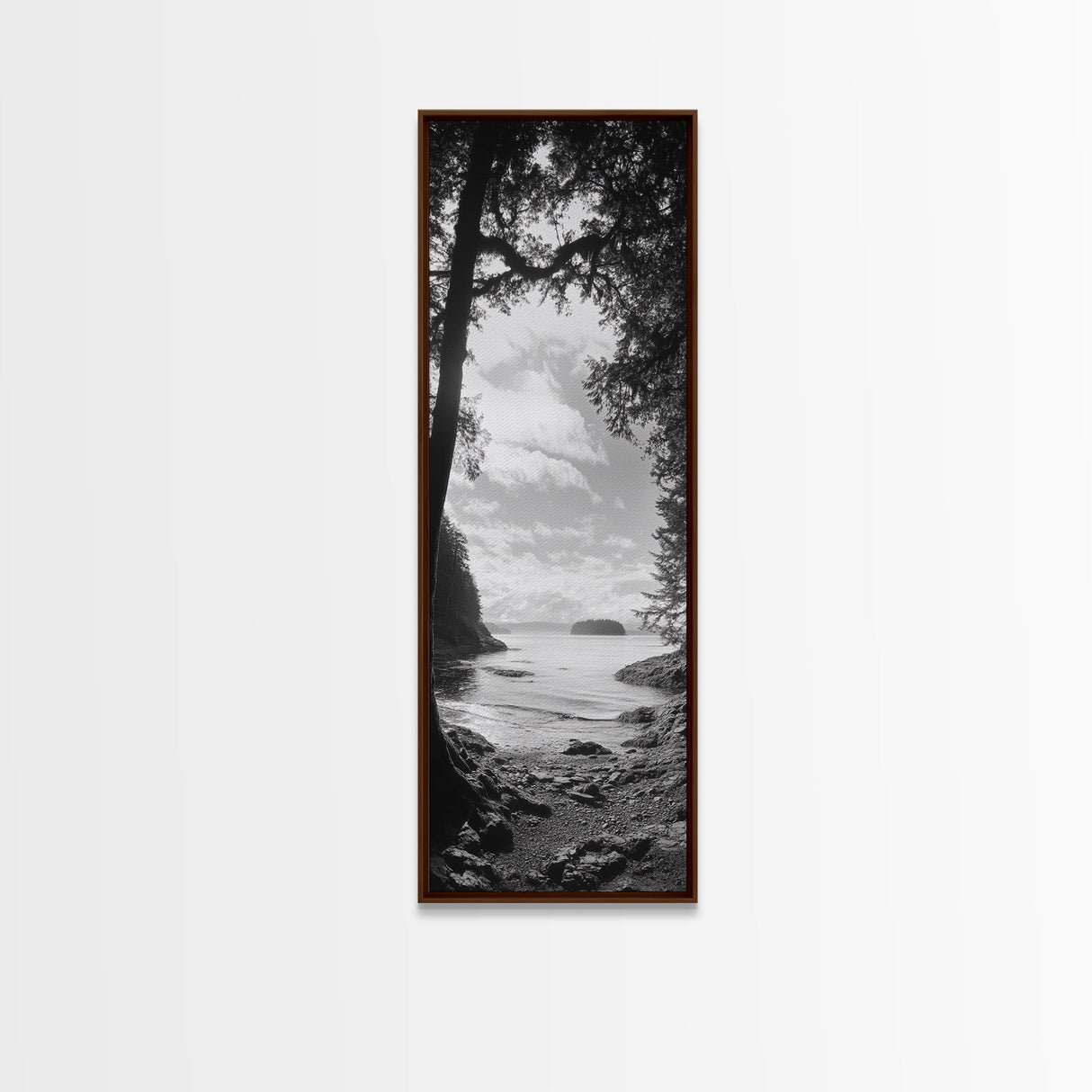 Island View, Forest Coastline, Secluded Shore, Tranquil Ocean Scene, Canvas Print, Boho Decor, Entryway Wall Art, Nature Wall Aesthetic